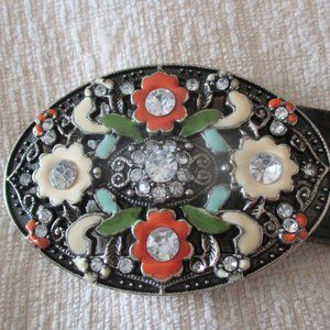 Vintage Flowers & Rhinestones Enameled Belt Buckle
